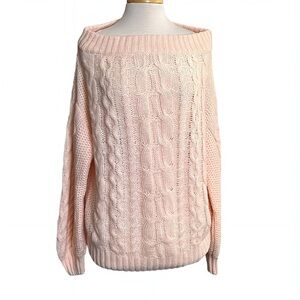 MILITARY HIPPIE Pastel Pink Cable Knit Off Shoulder Sweater Cozy Boatneck Size M